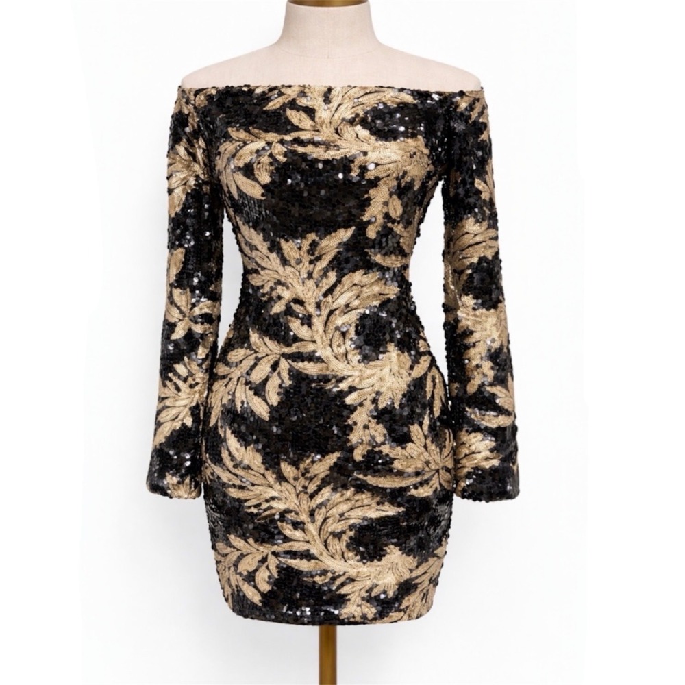 Akira Size Small Sequin Mini Dress Black Gold Leaf Off‎ Shoulder Bodycon Party